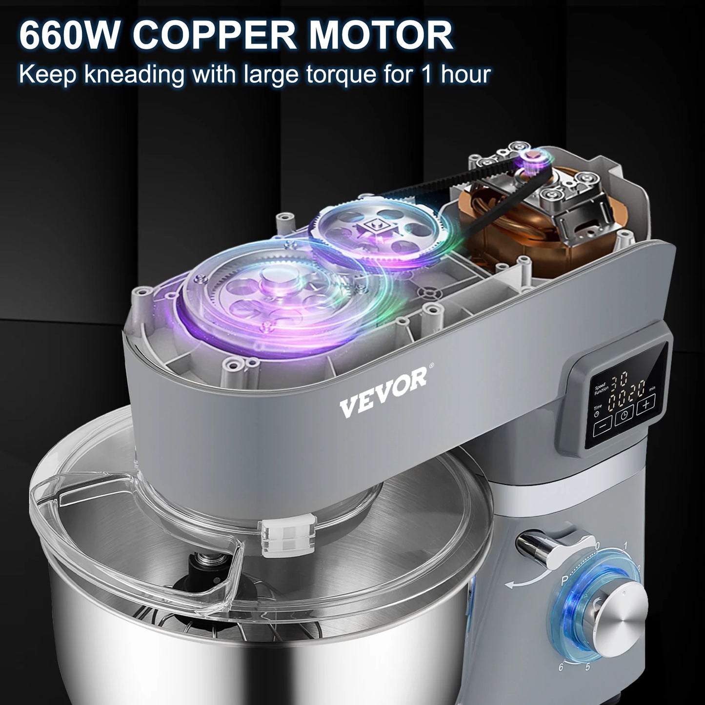 VEVOR Stand Mixer 660W Electric Dough Mixer with 6 Speeds LCD Screen Timing 5.8 Qt Stainless Steel Bowl Dough Hook Flat Beater - Happy Home Retreat