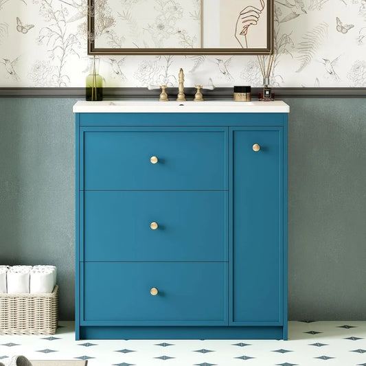 30 Inch Bathroom Vanity with Ceramic Sink, Modern Bathroom Storage Cabinet with 2 Drawers and 1 Pull-Out Cabinet, Freestanding B - Happy Home Retreat
