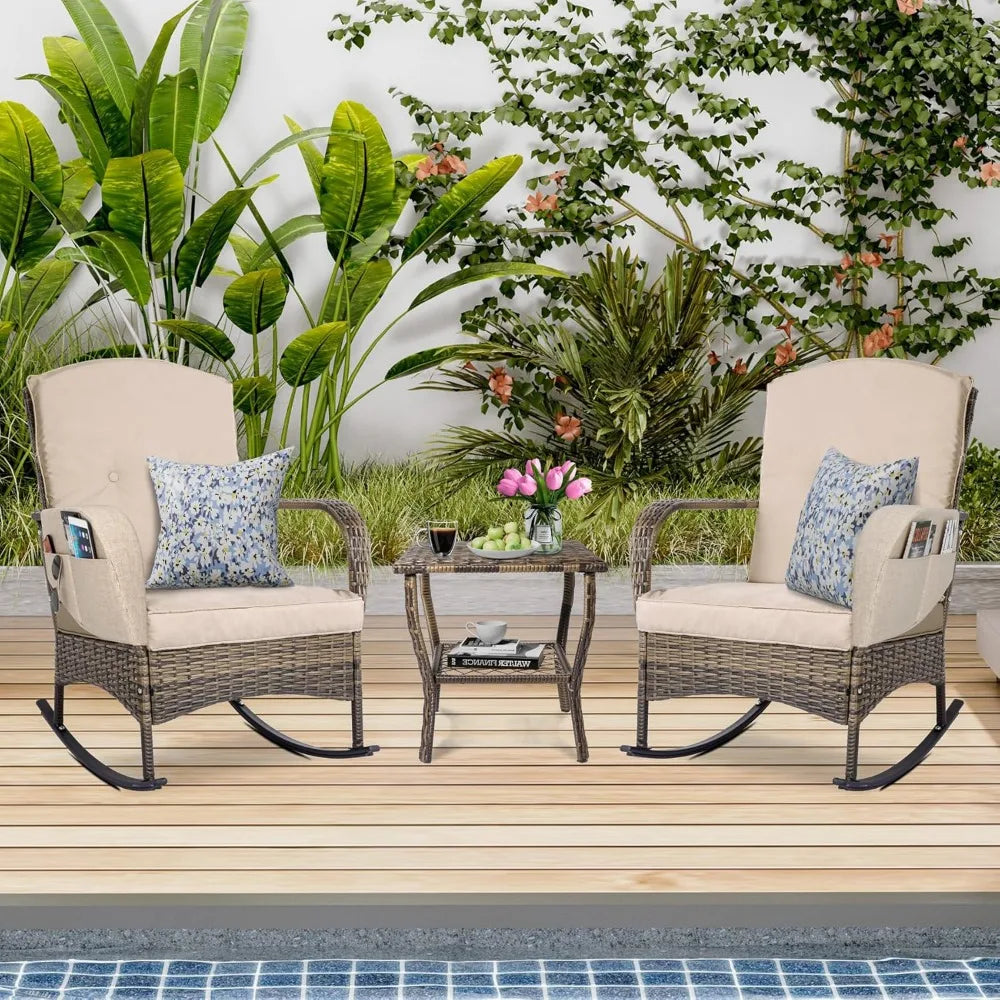 3 Piece Patio Furniture Set Outdoor Rocking Chairs Set of 2 Patio Conversation Set with Rattan Coffee Table - Happy Home Retreat