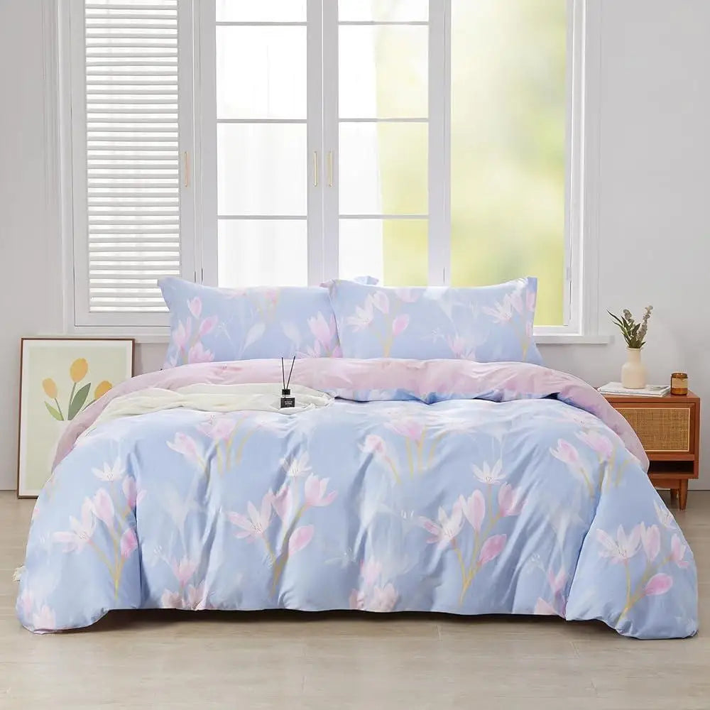 Floral Cotton Duvet Cover Set Full Size 3pcs Magnolia Blossom Printed Comforter Cover Soft Durable Machine Washable Bedding - Happy Home Retreat