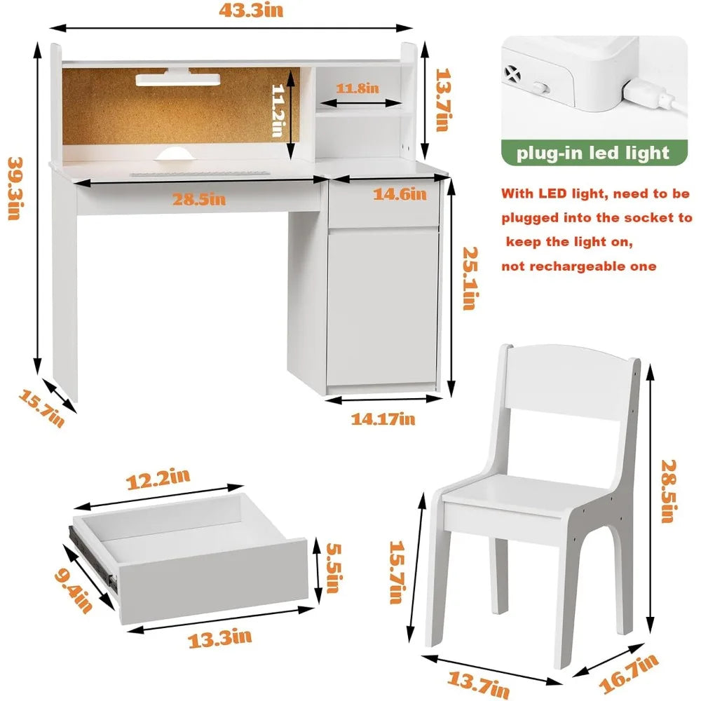 Children's Study Desk and Chair Set with Three Color Lights Wooden Storage Table for Kids - Happy Home Retreat