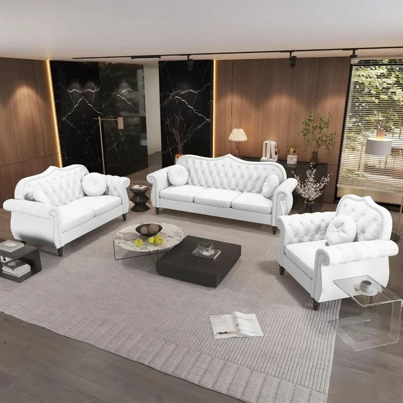 Chesterfield 3 Piece White Velvet Tufted Nailhead Sofa Set - Happy Home Retreat