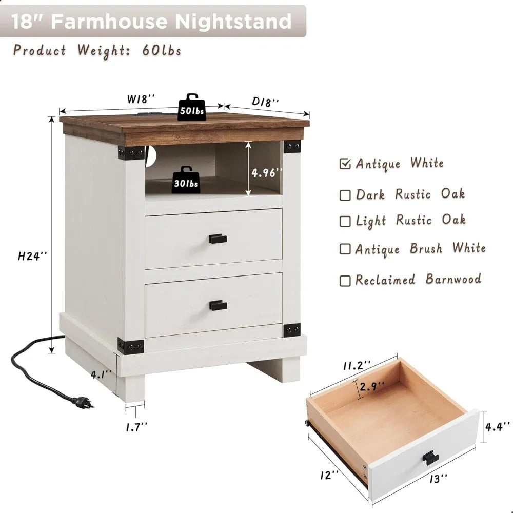 RedLemon Farmhouse Nightstand With Charging Station Drawers Wood Bedside Table - Happy Home Retreat