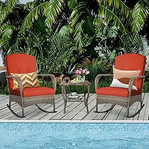 3 Piece Patio Furniture Set Outdoor Rocking Chairs Set of 2 Patio Conversation Set with Rattan Coffee Table - Happy Home Retreat