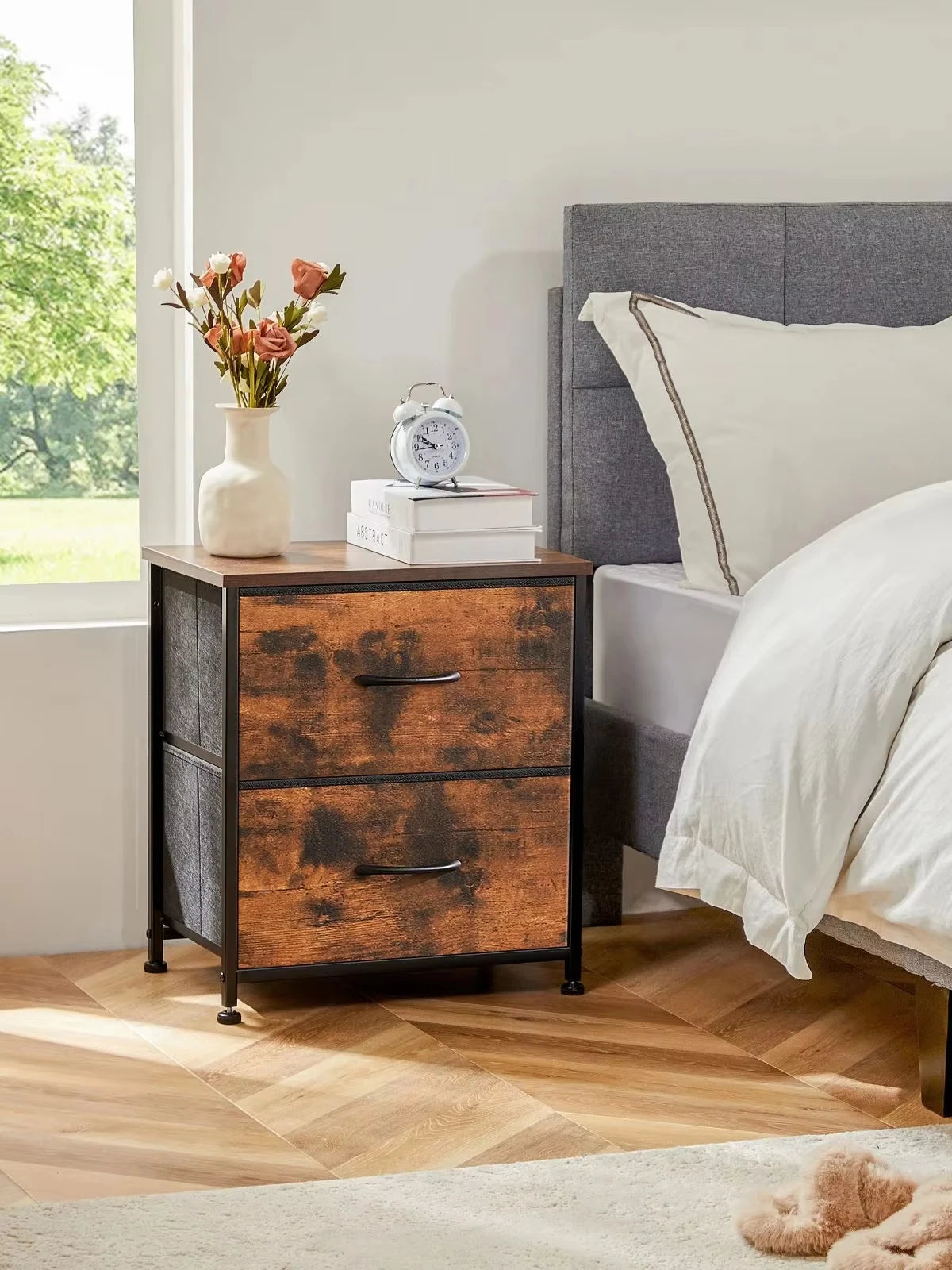 JHK Nightstand Bedside Table With Two Fabric Drawers For Bedroom Storage - Happy Home Retreat