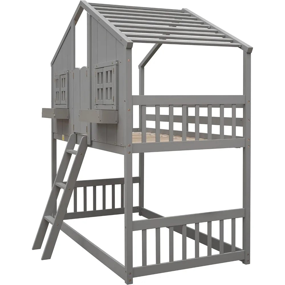 House Bunk Bed Twin Over Twin Wood Bunk Beds with Windows Window Box and Small Door Floor Bunk Beds with Ladder and Guard Rails - Happy Home Retreat