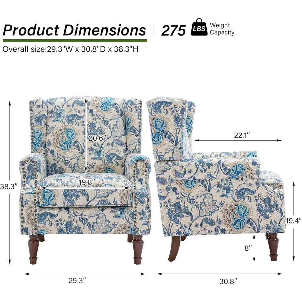 Floral Boho Wingback Blue Accent Chair With Nailhead Trim - Happy Home Retreat