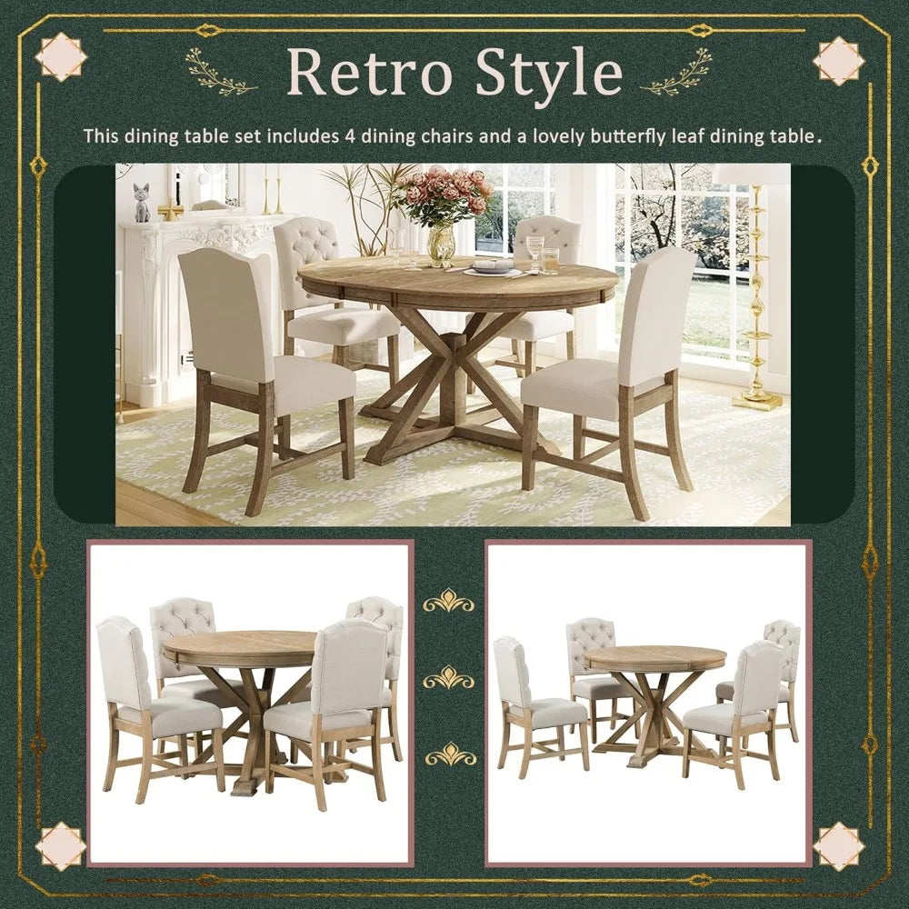 Extendable Dining Table Set for 4 with Upholstered Chairs Solid Wood Farmhouse Kitchen Furniture - Happy Home Retreat