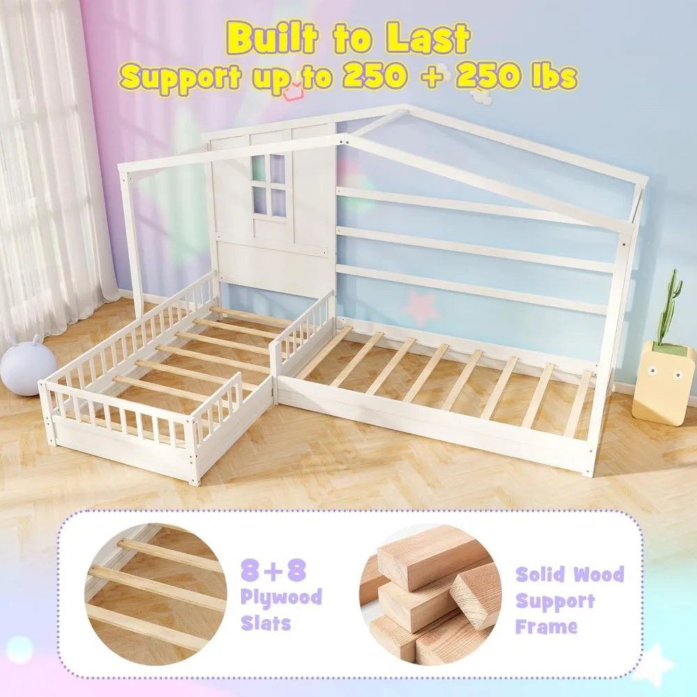 L Shaped Twin Bed For Kids Wooden House Platform Bed With Window Roof Montessori - Happy Home Retreat