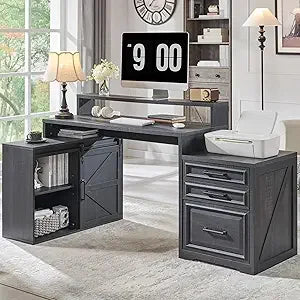 Home Office Desk Modern Farmhouse Computer Desk with File Cabinet 67 Inch Off White - Happy Home Retreat