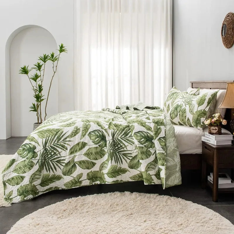 Home Tropical Plants Quilt Set King Size 3 Pieces Green Palm Leaves Rainforest Style Reversible Bedspread - Happy Home Retreat