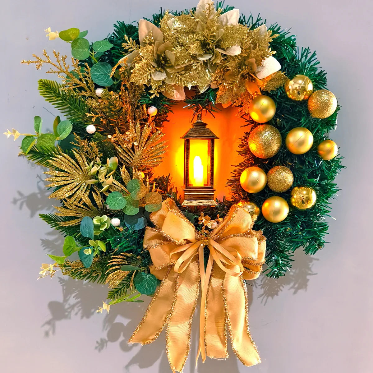 45cm Christmas Golden Wreath With Lamp Front Door Decor - Happy Home Retreat