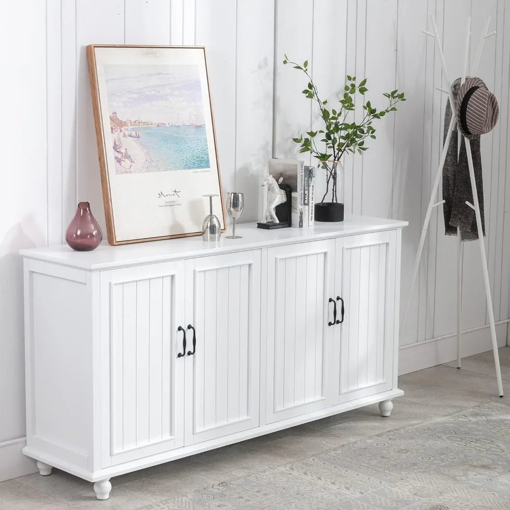 62 Inch Coffee Bar Cabinet Kitchen Buffet Storage Cabinet Modern White Sideboard with 4 Doors and 2 Drawers - Happy Home Retreat