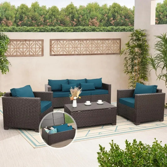 Patio Furniture Set 4 Pieces Outdoor Couch Chairs Coffee Table with Storage Peacock Blue No Slip - Happy Home Retreat