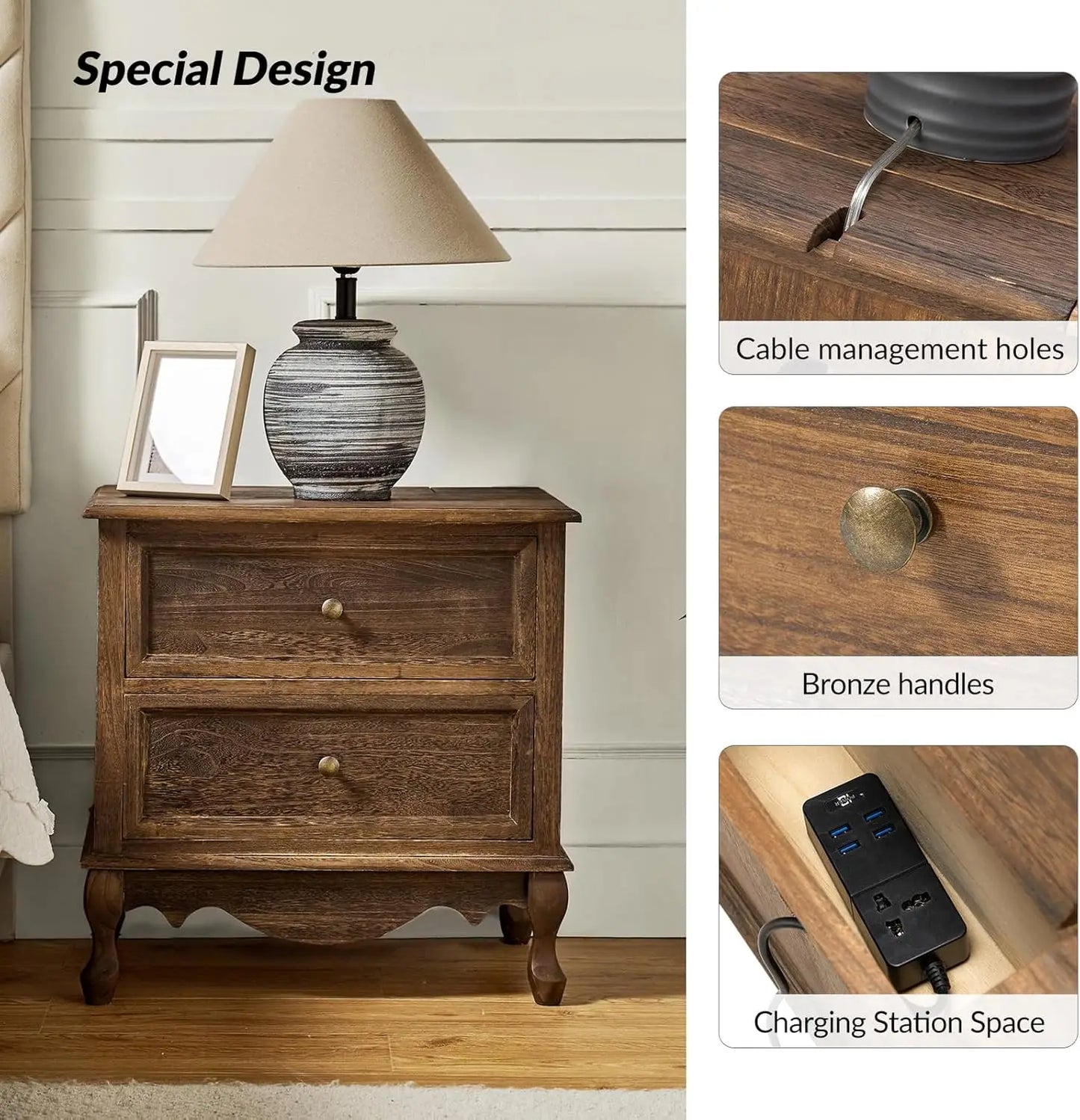 Solid Wood Nightstand With Charging Station Vintage Two Drawer Walnut - Happy Home Retreat