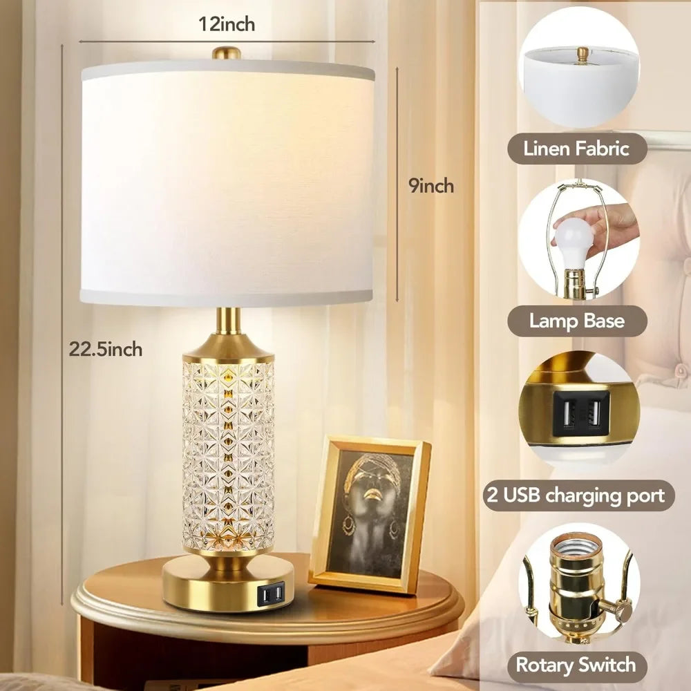 Set Of 2 Modern Table Lamps With USB Ports And Night Light For Bedroom - Happy Home Retreat