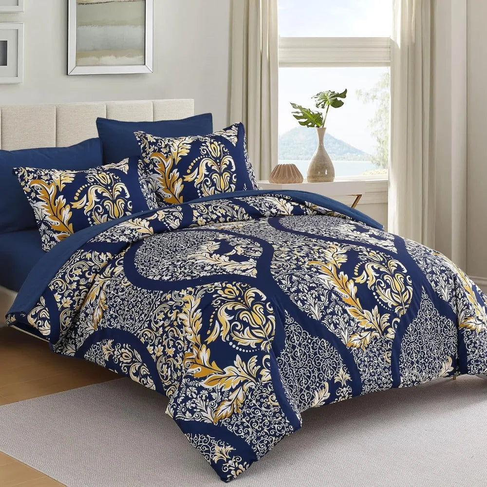 California King Comforter Set 7 Pieces Navy Blue Gold Bohemian Damask Microfiber - Happy Home Retreat