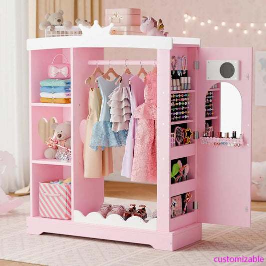 Kids Armoire With Jewelry Cabinet And Mirror Dress Up Wardrobe Pink - Happy Home Retreat