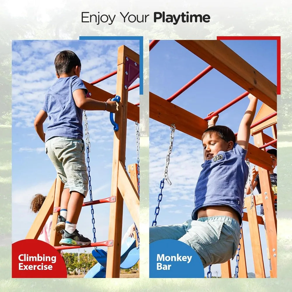 Dolphin Playground Cedar Wooden Swing Set Outdoor Playset with Wave Slide Climbing Wall and 2 Belt Swings - Happy Home Retreat