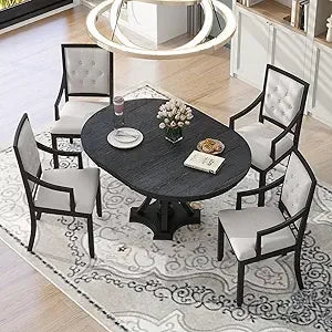 Extendable Dining Table Set for 4 with Upholstered Chairs Solid Wood Farmhouse Kitchen Furniture - Happy Home Retreat