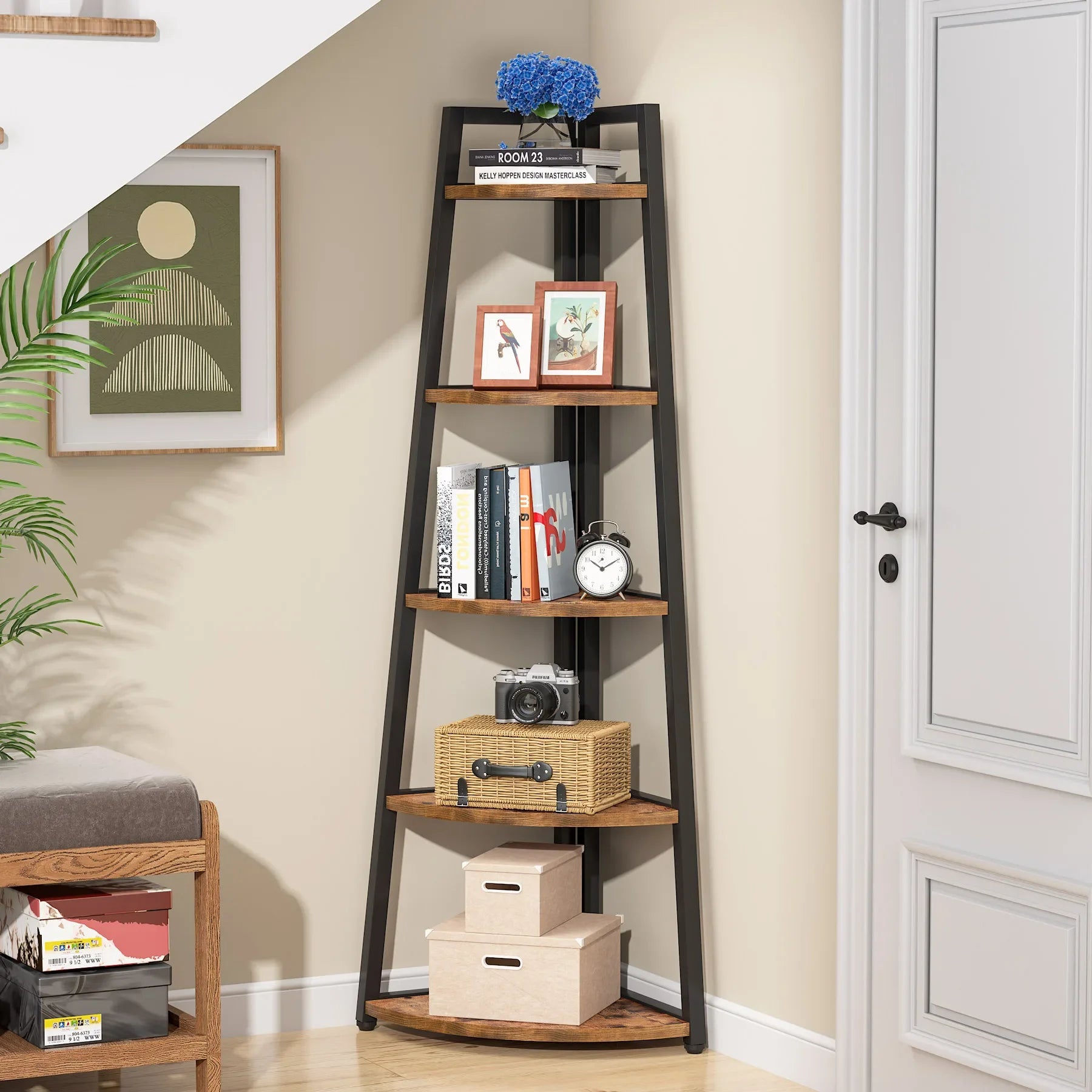 Tribesigns Modern Corner Bookcase Wooden Bookshelf Storage Rack with 5 Tiers - Happy Home Retreat