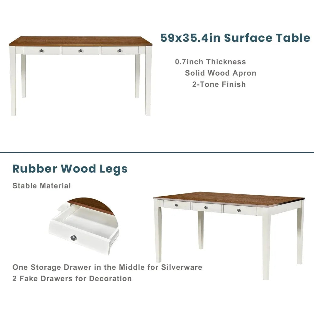 6 Piece Solid Wood Dining Table Set with 4 Upholstered Chairs Bench and Storage Drawers Butter Milk - Happy Home Retreat