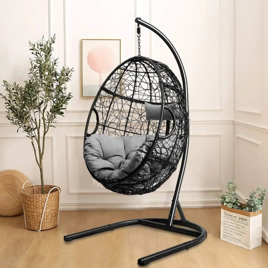 Hanging Egg Chair 36.5 Width Oversized Swing Chair with C Hammock Stand Set Soft Seat Cushion and Pillow Gray - Happy Home Retreat
