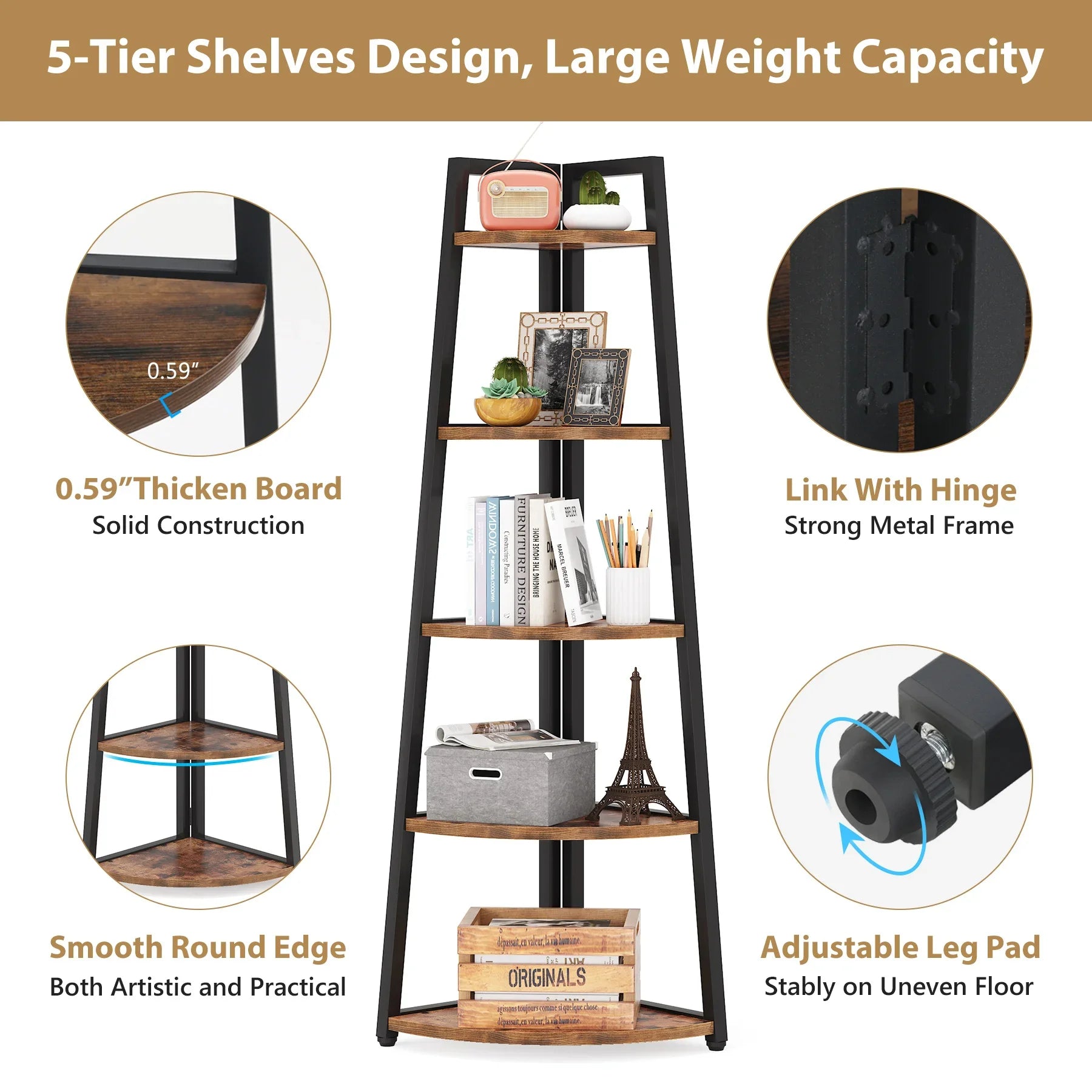 Tribesigns Modern Corner Bookcase Wooden Bookshelf Storage Rack with 5 Tiers - Happy Home Retreat