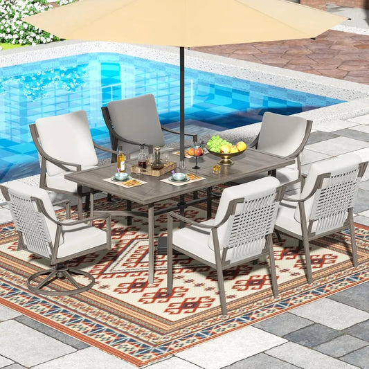 7 Piece Patio Dining Table Set with 4 Fixed and 2 Swivel Chairs and Olefin Cushions for Outdoor Furniture - Happy Home Retreat