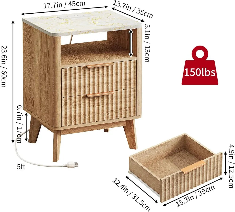 Fluted Nightstand with Charging Station, 2 Wood Drawers, Faux Marble Top - Happy Home Retreat