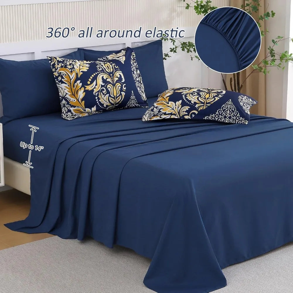 California King Comforter Set 7 Pieces Navy Blue Gold Bohemian Damask Microfiber - Happy Home Retreat