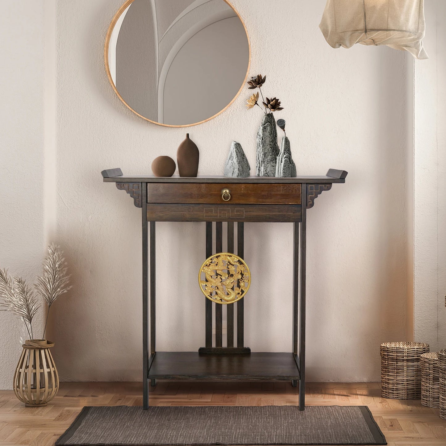 Rustic Brown Bamboo Console Table With Drawer And Shelf For Entryway Hallway - Happy Home Retreat