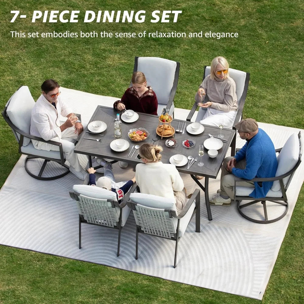 7 Piece Patio Dining Table Set with 4 Fixed and 2 Swivel Chairs and Olefin Cushions for Outdoor Furniture - Happy Home Retreat