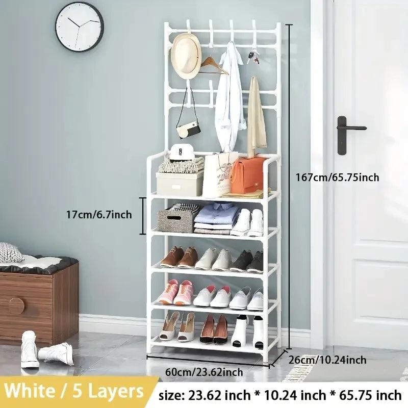 Double Row Iron Clothes Hanger and Shoe Rack for Hallway Storage of Shoes Jackets Hats Bags and Umbrellas - Happy Home Retreat