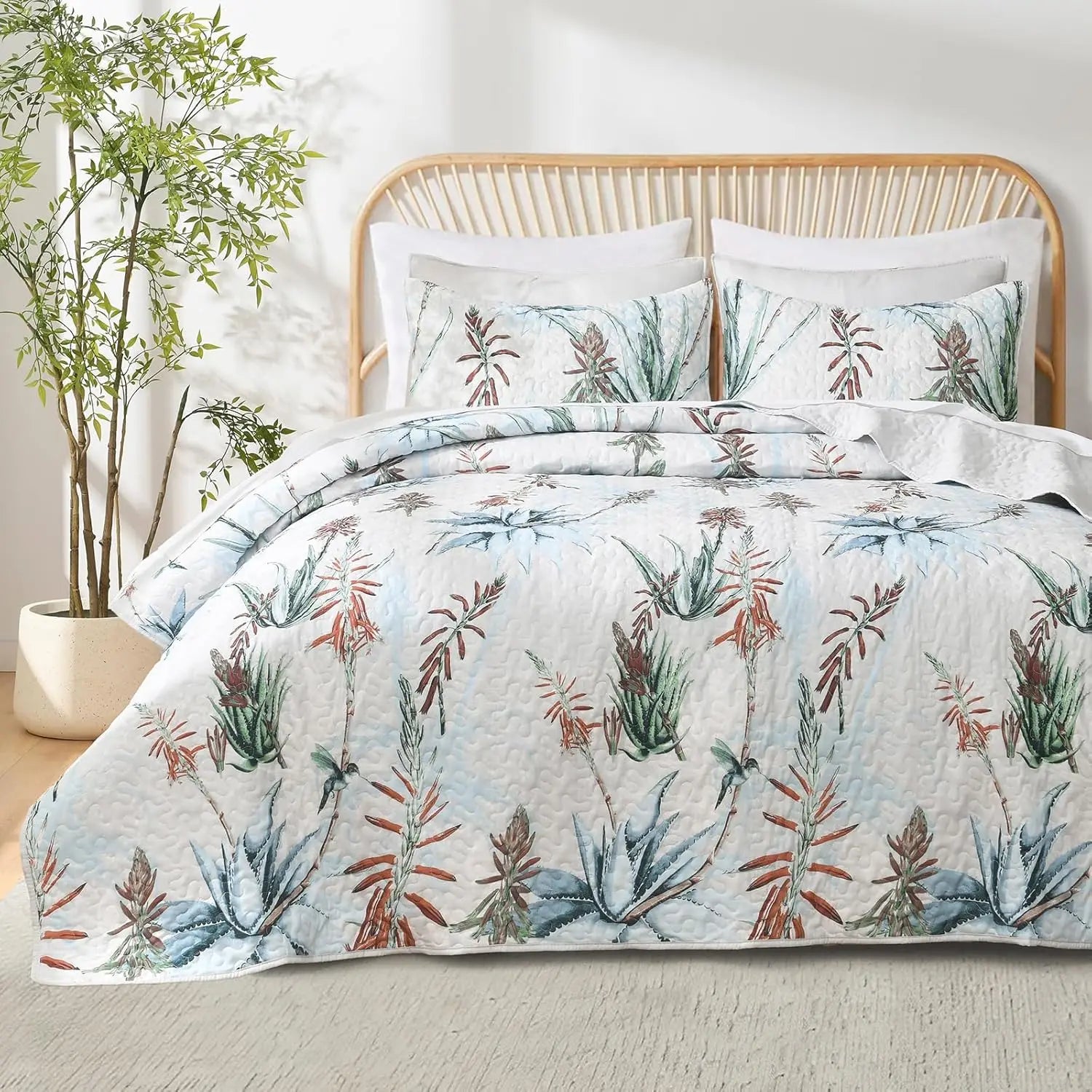 Home Tropical Plants Quilt Set King Size 3 Pieces Green Palm Leaves Rainforest Style Reversible Bedspread - Happy Home Retreat