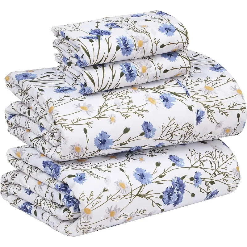 100 Percent Cotton Queen Size Sheet Set 4 Pieces Soft Breathable Percale Weave Deep Pocket 16 Inch Hotel Standard Crisp Cool Durable Floral Bed Sheet - Happy Home Retreat