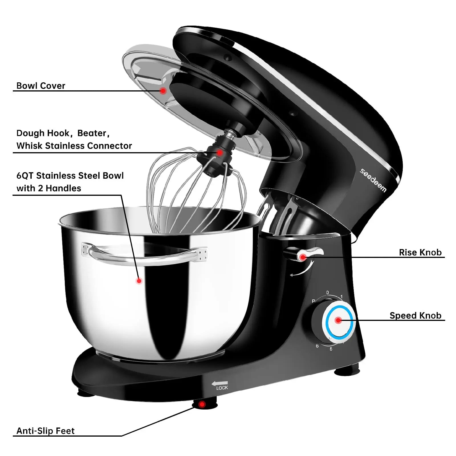 6Qt Electric Food Stand Mixer,660W,6-Speeds Tilt-Head Dough Mixers with Dishwasher-Safe Dough Hook & Wire Whip & Beater - Happy Home Retreat