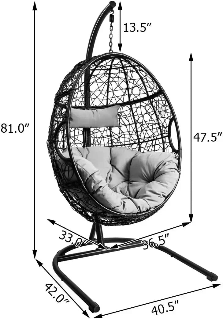 Hanging Egg Chair 36.5 Width Oversized Swing Chair with C Hammock Stand Set Soft Seat Cushion and Pillow Gray - Happy Home Retreat