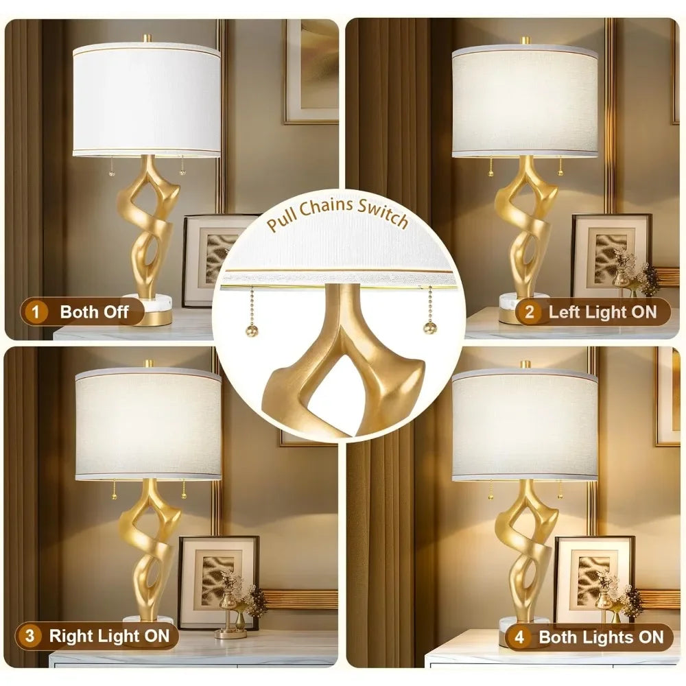 Sculptural Table Lamp Set Of 2 For Living Room Marble Bases USB Ports Rustic - Happy Home Retreat