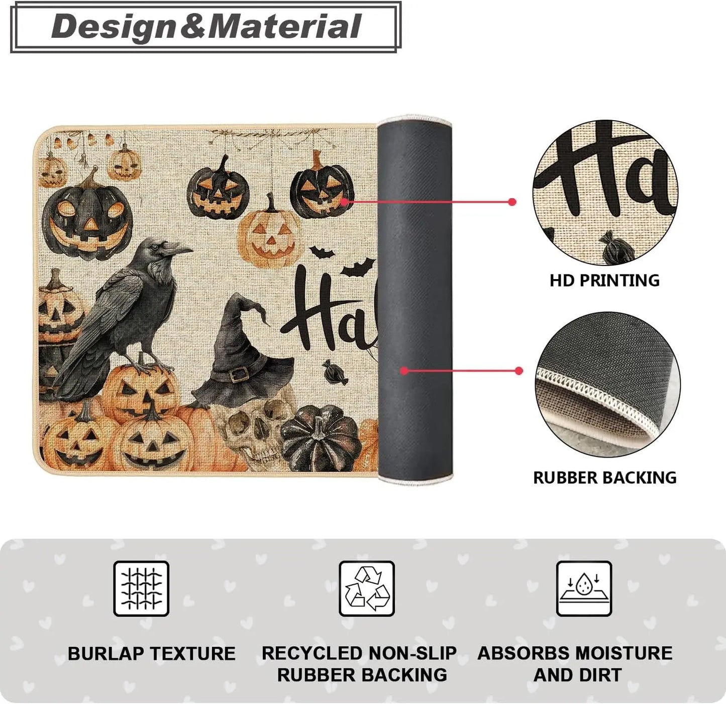 Happy Halloween Doormat Skull Pumpkins Non Slip Backing - Happy Home Retreat