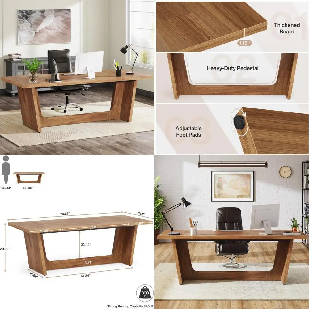 Walnut Wood Engineered Desk Executive Home Office With Industrial Style Pedestal - Happy Home Retreat