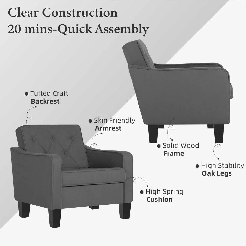 Living Room Accent Chairs Set of 2 Tufted Armchairs Comfy Reading Chairs for Bedroom and Office - Happy Home Retreat