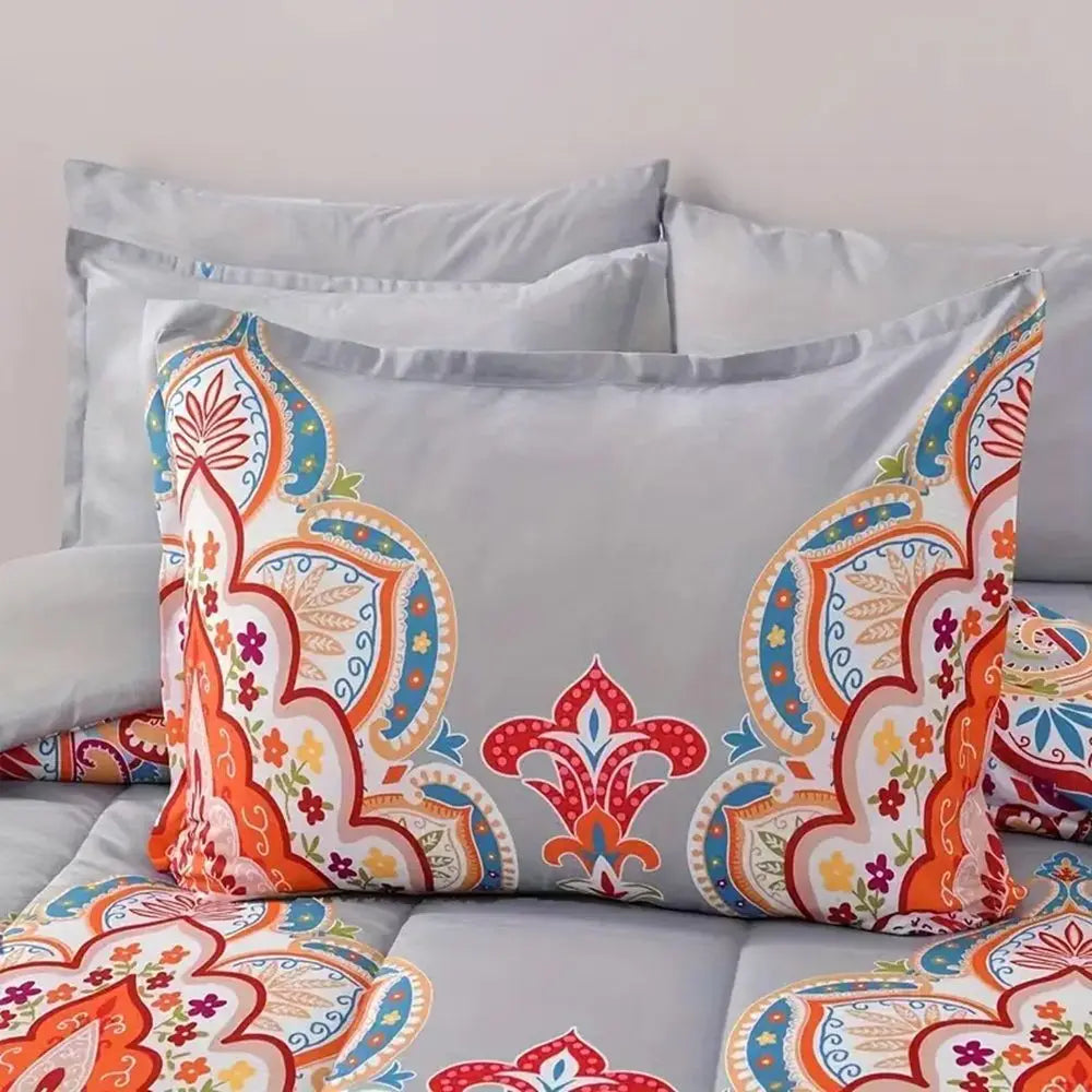 3 Piece King Boho Comforter Set Gray Rainbow Lightweight Microfiber Reversible - Happy Home Retreat