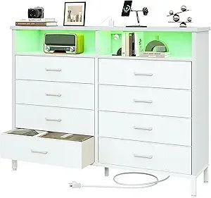 Pink Bedroom Dresser with LED Lights and Charging Station, 8 Fabric Drawers - Happy Home Retreat