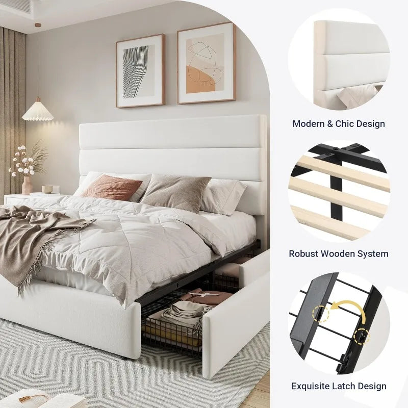 King Size Platform Bed Frame With 4 Storage Drawers And Velvet Headboard - Happy Home Retreat