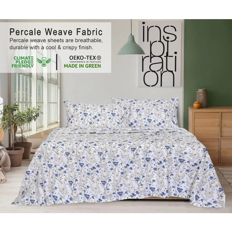 100 Percent Cotton Queen Size Sheet Set 4 Pieces Soft Breathable Percale Weave Deep Pocket 16 Inch Hotel Standard Crisp Cool Durable Floral Bed Sheet - Happy Home Retreat