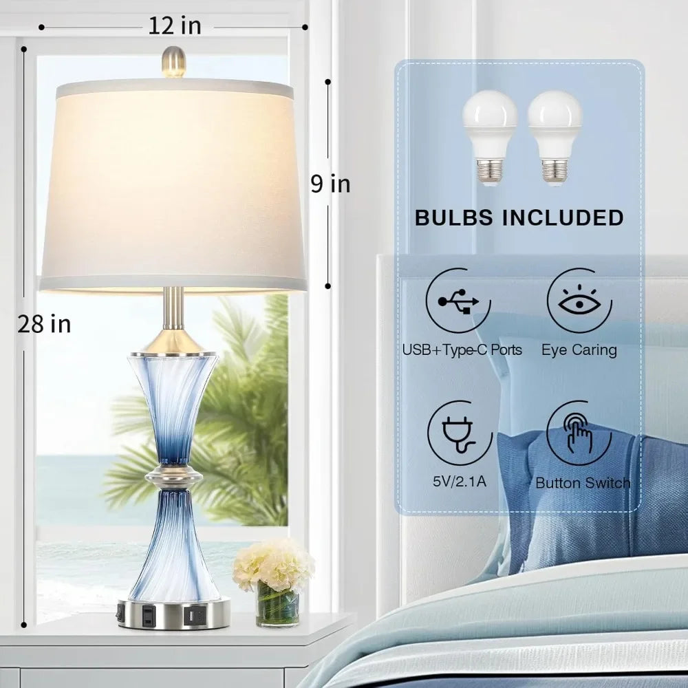 Customizable Blue Glass Table Lamp Set Of 2 With USB C And A Ports And AC Outlet - Happy Home Retreat