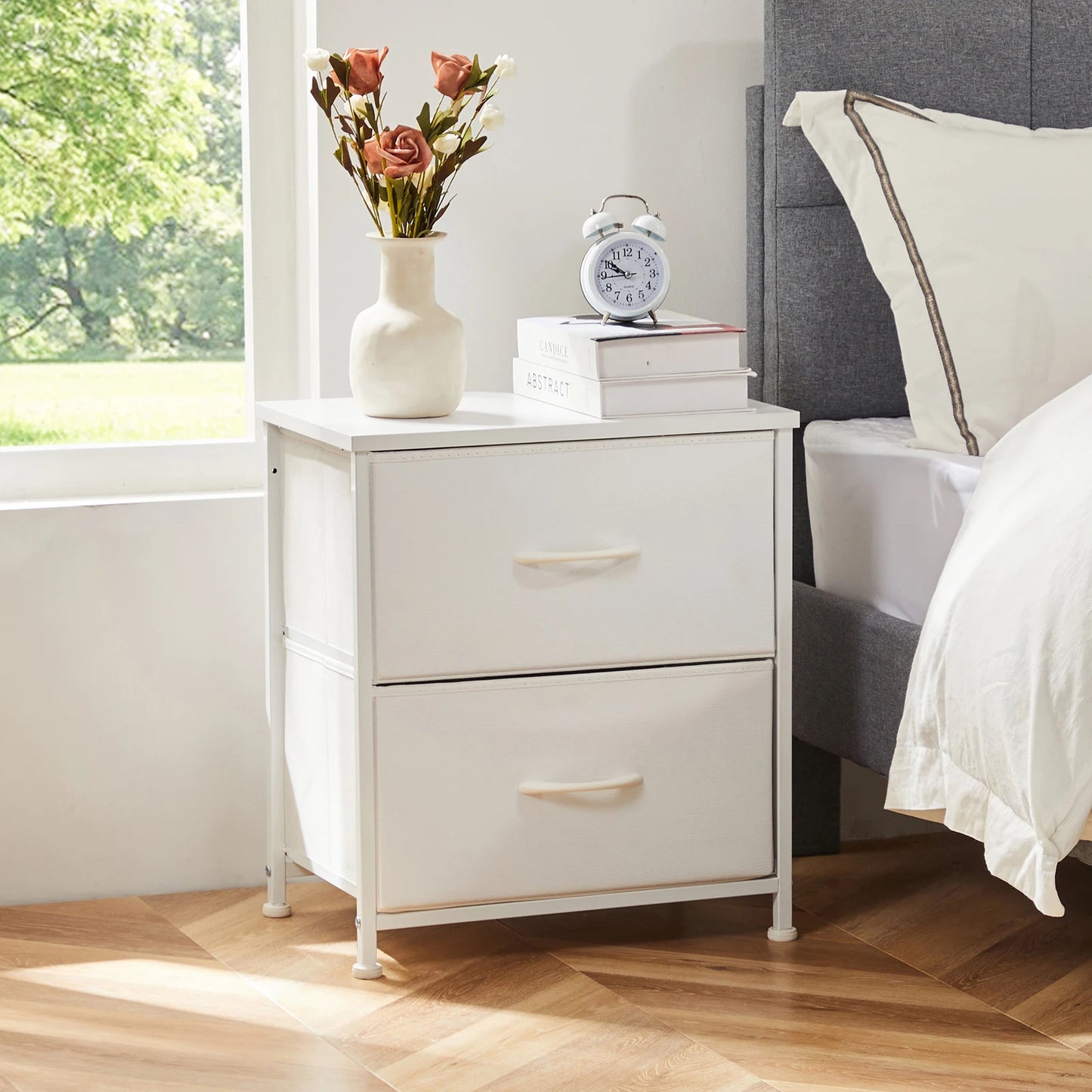 JHK Nightstand Bedside Table With Two Fabric Drawers For Bedroom Storage - Happy Home Retreat