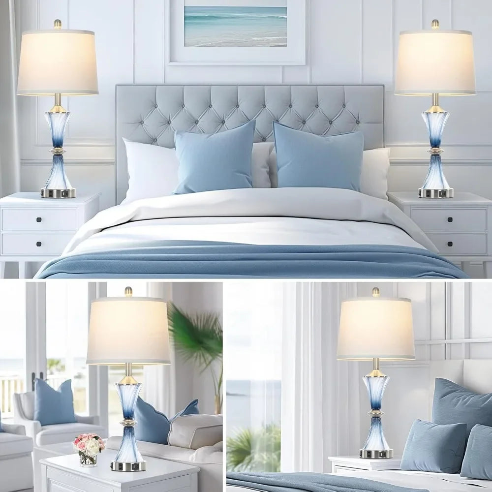 Customizable Blue Glass Table Lamp Set Of 2 With USB C And A Ports And AC Outlet - Happy Home Retreat