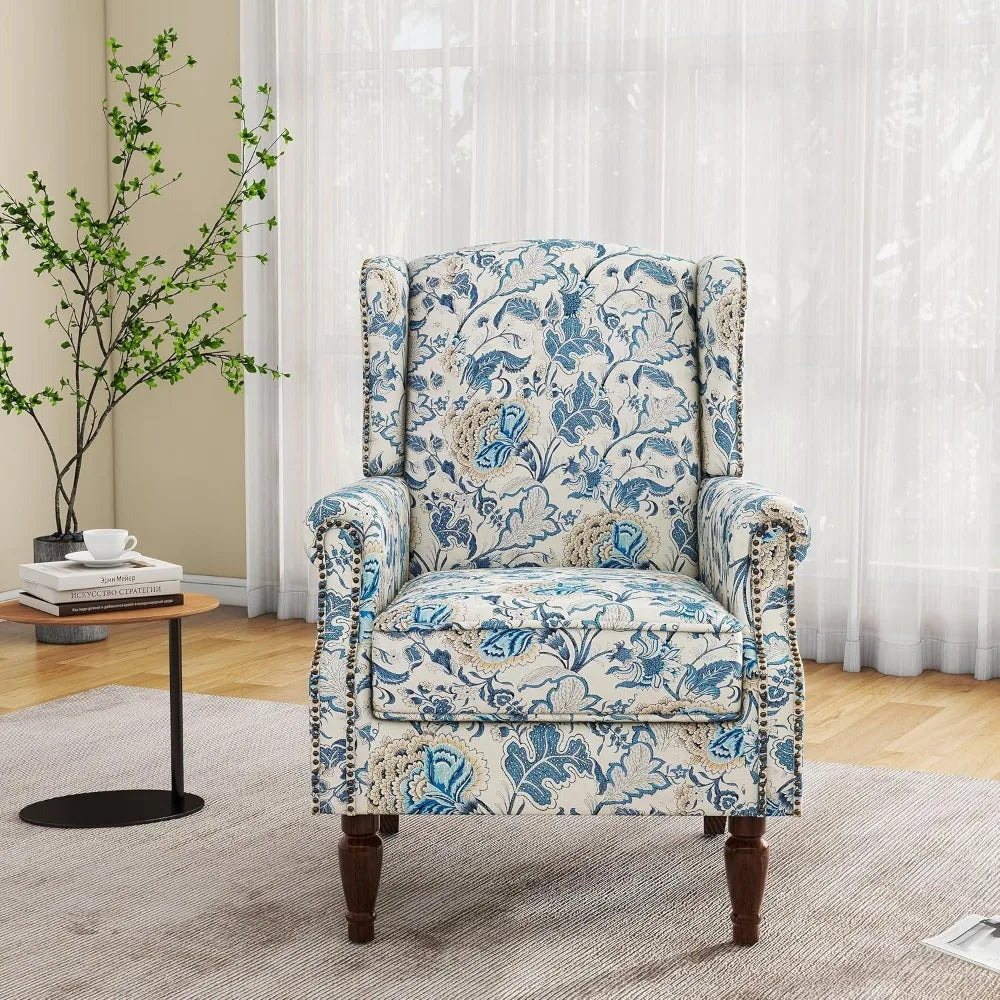 Floral Boho Wingback Blue Accent Chair With Nailhead Trim - Happy Home Retreat